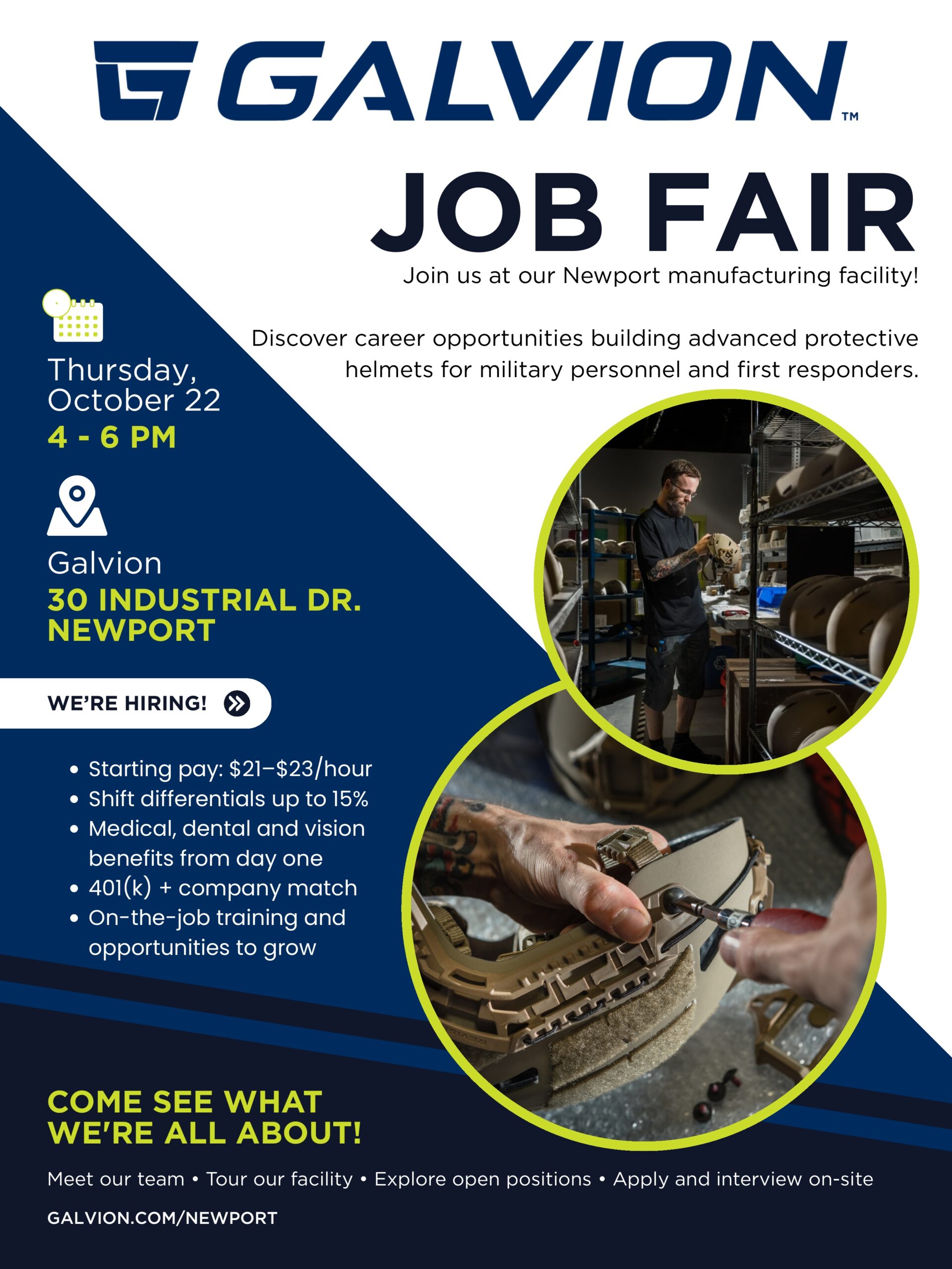 Galvion Job Fair flyer, Thursday, October 22, 4 - 6 PM, 30 Industrial Dr. Newport