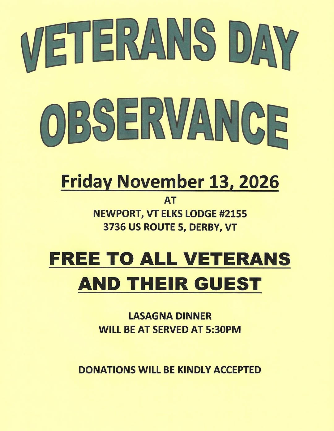 Veterans Day Observance Dinner at Newport Elks Lodge November 13